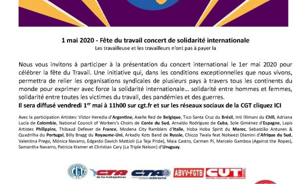 Concert internationaliste du 1er mai. 11H. www.cgt.fr